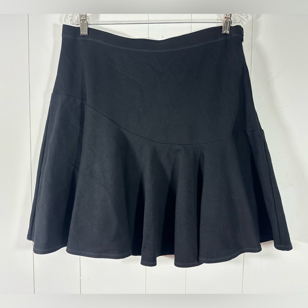 Cabi Sz 12 Black Ponte Knit Asymmetrical Pleated Flounce Mini Skirt Style 3098